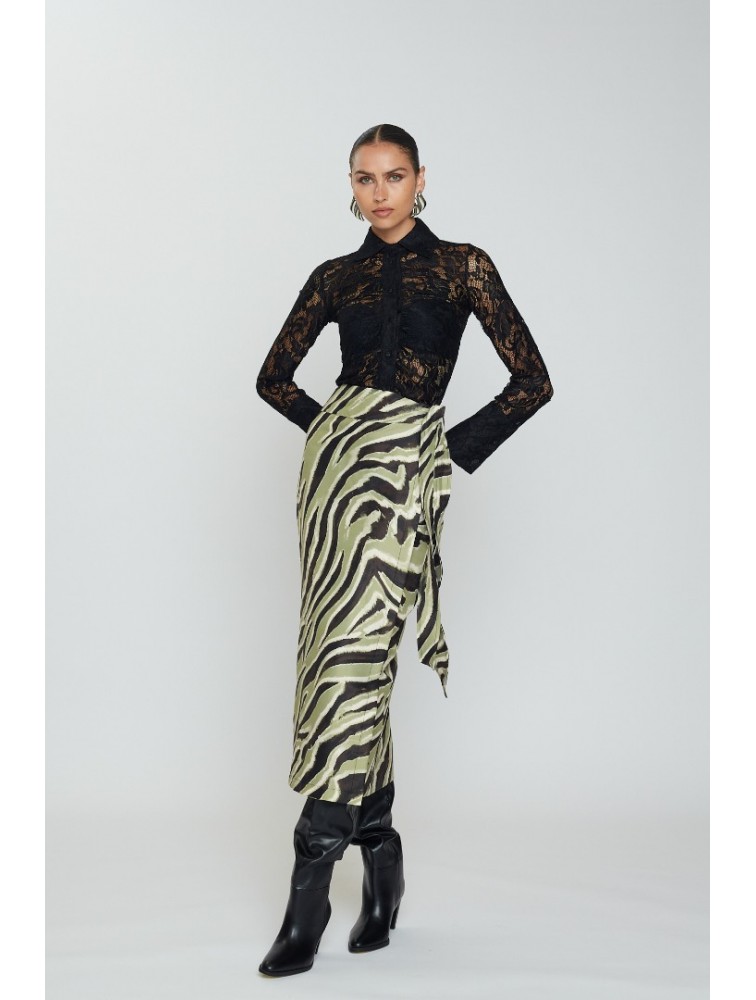 MIX AND MATCH Penelope Midi Skirt Olive Zebra Πράσινη Ζεβρέ Μίντι Φούστα